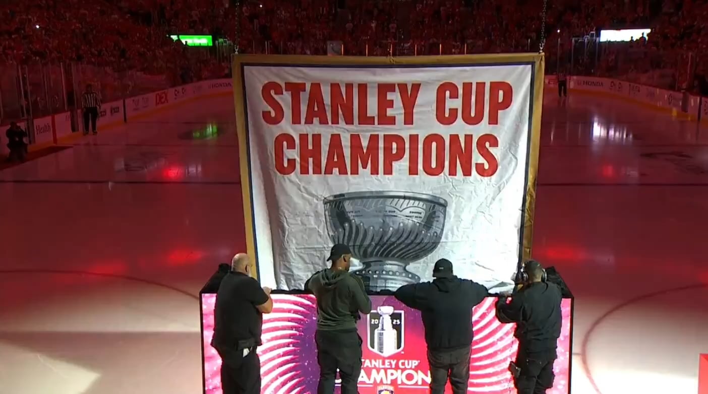 The Florida Panthers raise their 2nd Stanley Cup banner to kick off the 2025-26 NHL season