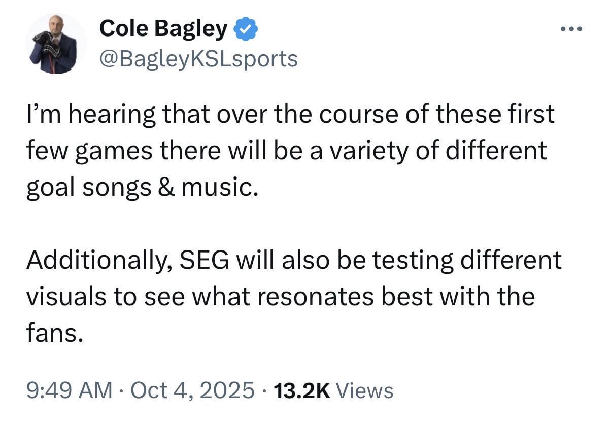 [Bagley] I’m hearing that over the course of these first few games there will be a variety of different goal songs & music. Additionally, SEG will also be testing different visuals to see what resonates best with the fans.