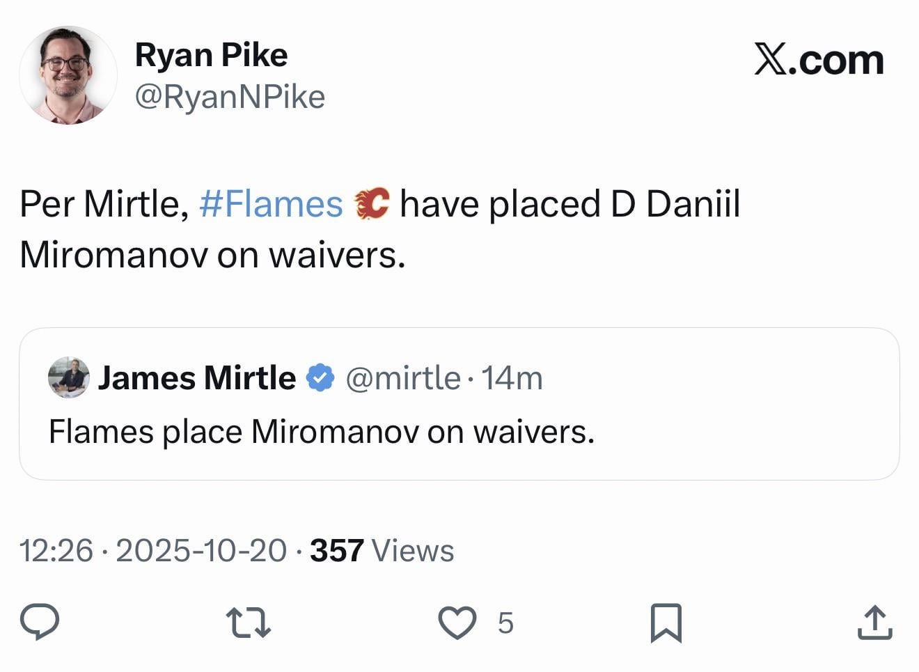 Flames have placed D Daniil Miromanov on waivers
