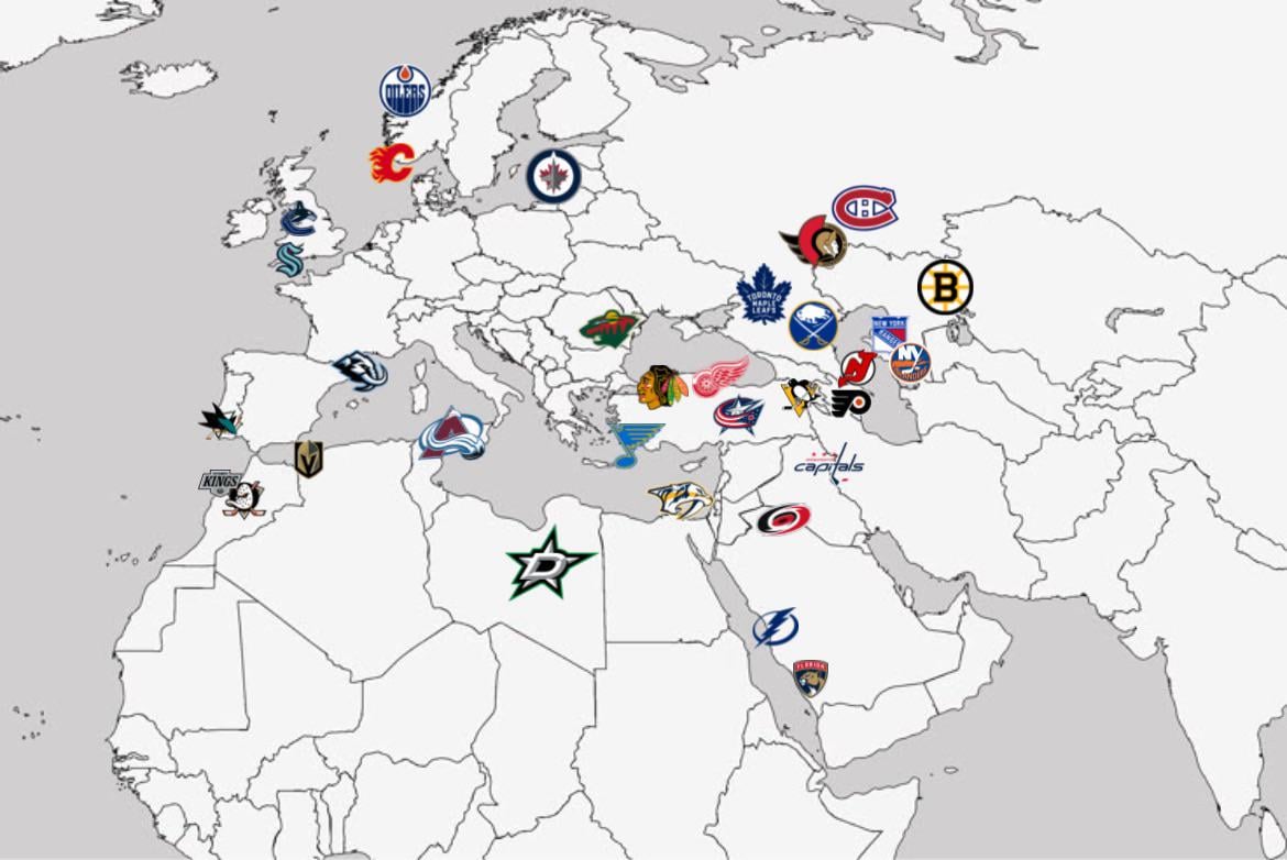 Map of NHL teams overlaid over Europe, North America and the Middle East.