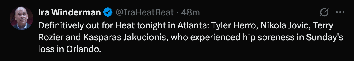 Out for Heat tonight in Atlanta: Tyler Herro, Nikola Jovic, Terry Rozier and Kasparas Jakucionis