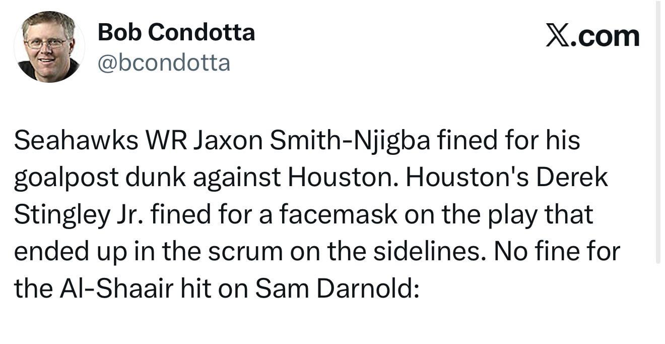 [Condotta] Seahawks WR Jaxon Smith-Njigba fined for his goalpost dunk against Houston