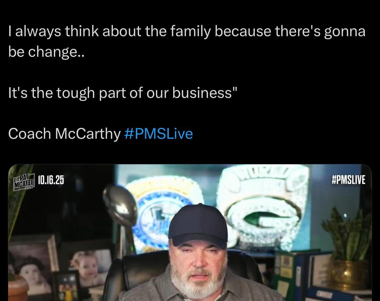 Mike McCarthy has mysteriously picked now of all times to come on national TV to discuss Brian Callahan’s firing and the Titans HC opening while flexing his Super Bowl ring directly behind him 🤔
