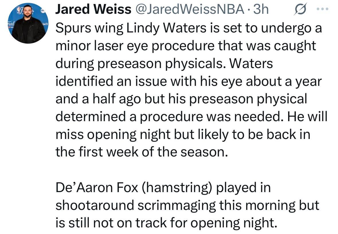 [Jared Weiss] Lindy Waters will miss opening night but likely to be back in the first week of the season; Fox scrimmaging, still not on track for opening night