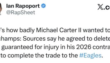 [Rapsheet] Here's how badly Michael Carter II wanted to join the champs: Sources say he agreed to delete the $5M guaranteed for injury in his 2026 contract year to complete the trade to the #Eagles.