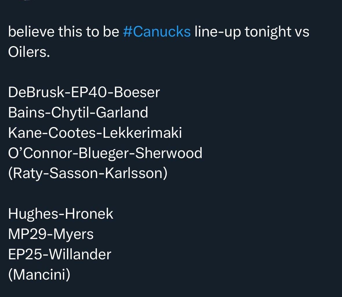 [Paterson] Canucks expected lineup tonight vs Oilers