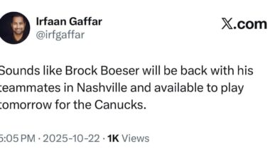 [Gaffar] Sounds like Brock Boeser will be back with his teammates in Nashville and available to play tomorrow for the Canucks.