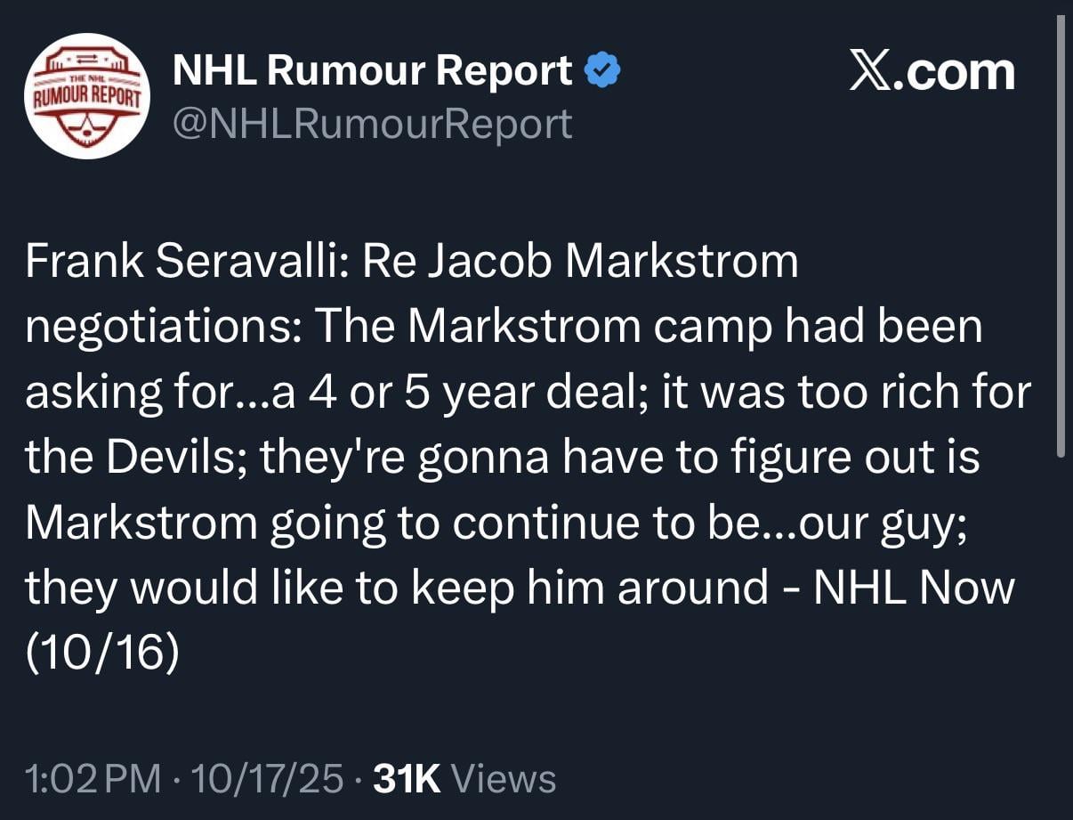 [NHLRumourReport] Markstrom is asking for a 4-5 year extension… Devils so far have declined