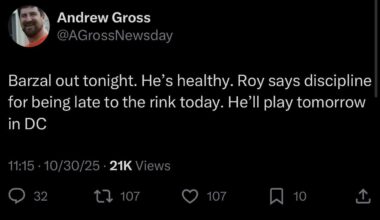 Barzal a healthy scratch tonight for being late to rink.