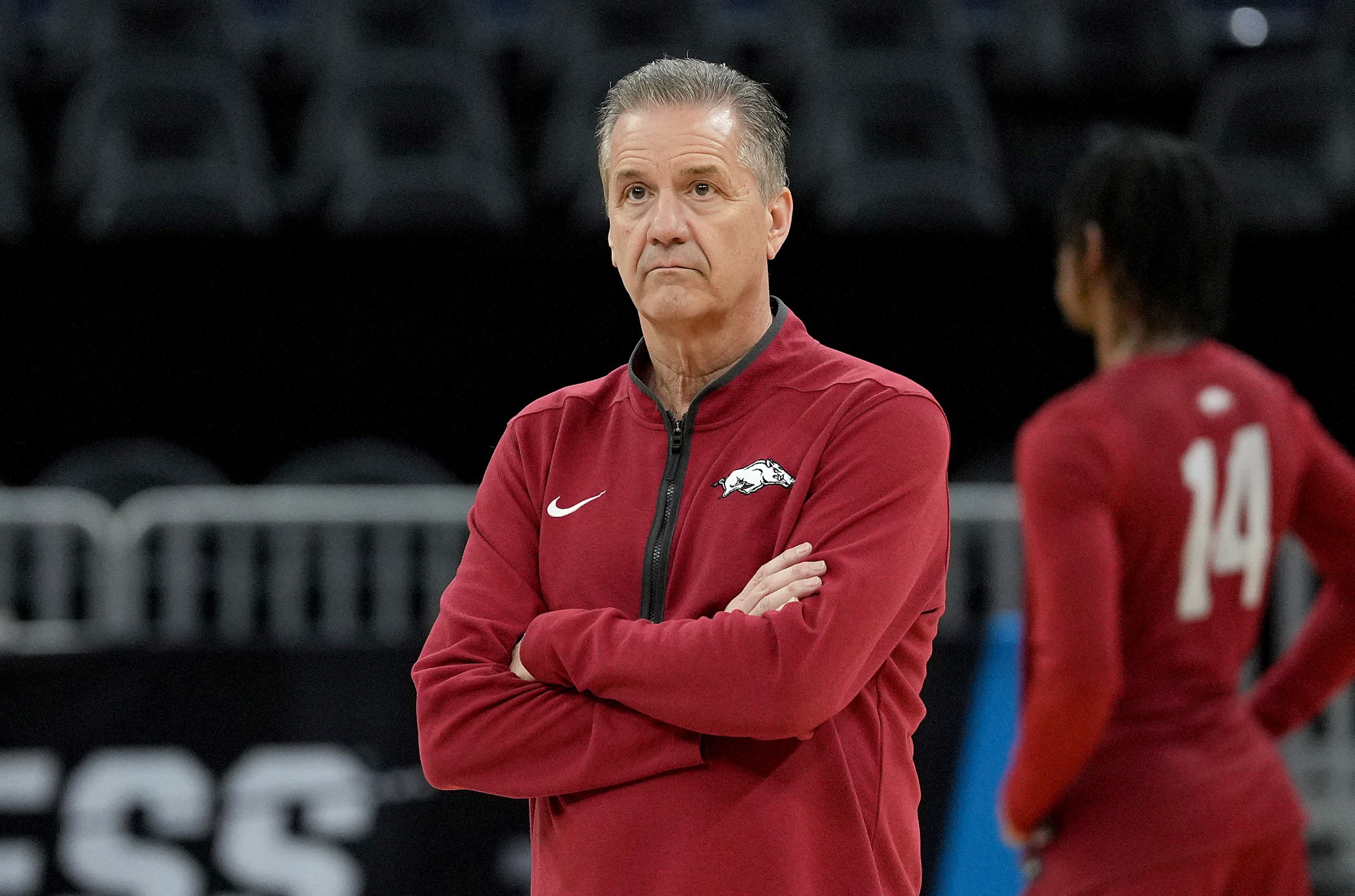 SAN FRANCISCO, CALIFORNIA - MARCH 26: Head coach John Calipari of the Arkansas Razorbacks looks on while his team practice during a practice session ahead of the Sweet 16 round of the NCAA Men’s Basketball Tournament at Chase Center on March 26, 2025 in San Francisco, California. (Photo by Thearon W. Henderson/Getty Images)