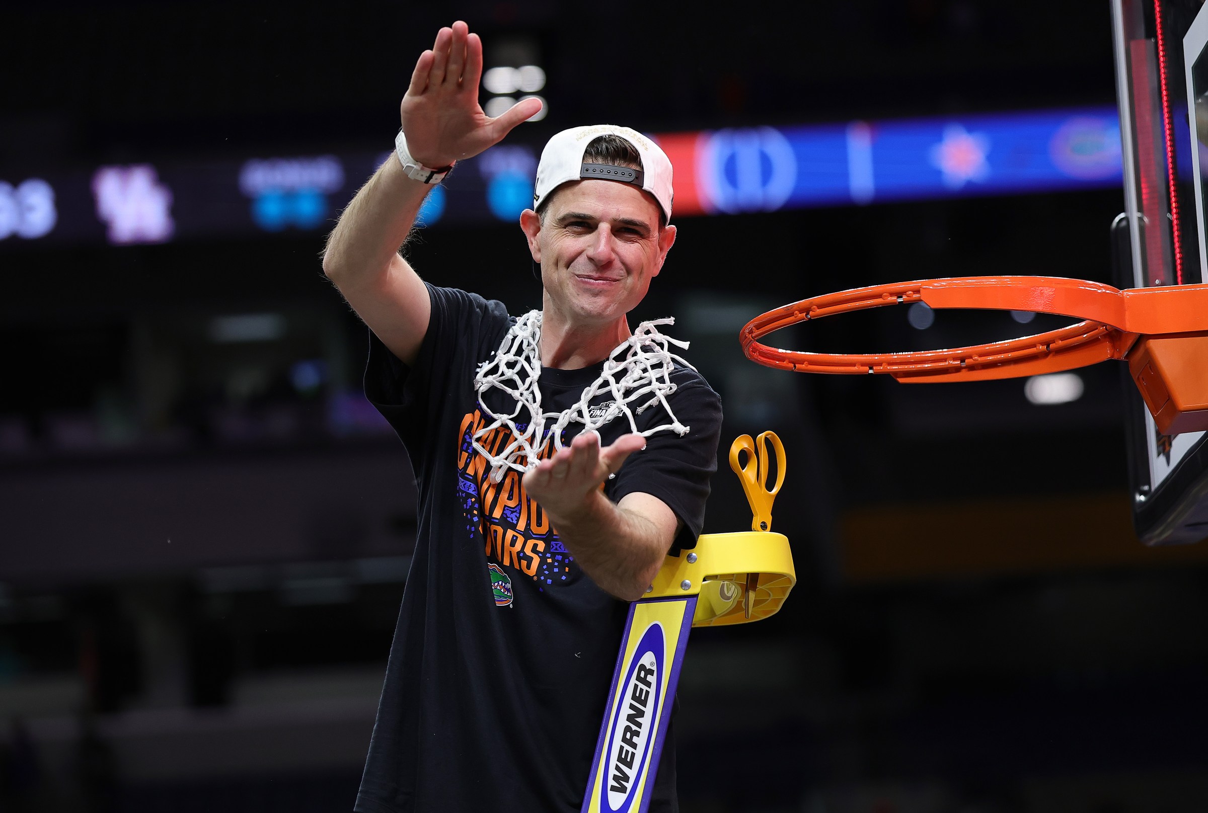 SAN ANTONIO, TEXAS - APRIL 07: Head coach Todd Golden of the Florida Gators celebrates after defeating the Houston Cougars in the National Championship of the NCAA Men’s Basketball Tournament at the Alamodome on April 07, 2025 in San Antonio, Texas. (Photo by Alex Slitz/Getty Images)