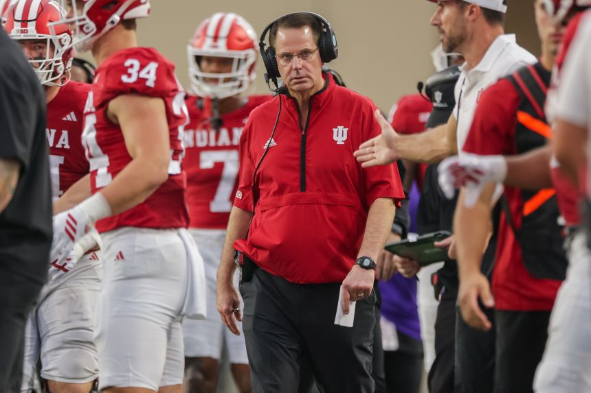 Indiana head coach Curt Cignetti walks the sidelines during Saturday's game against Michigan State.