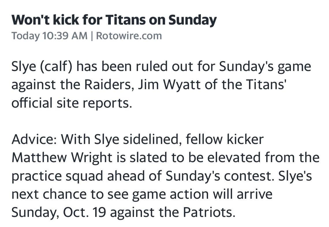 K Joey Slye out Sunday, Mathew Wright to be elevated