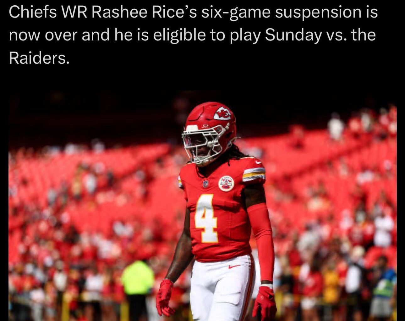 [Schefter] Chiefs WR Rashee Rice’s six-game suspension is now over and he is eligible to play Sunday vs. the Raiders.