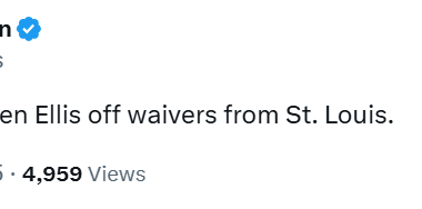 [Johnston] Buffalo claims (goalie) Colten Ellis off waivers from St. Louis.