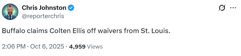 [Johnston] Buffalo claims (goalie) Colten Ellis off waivers from St. Louis.