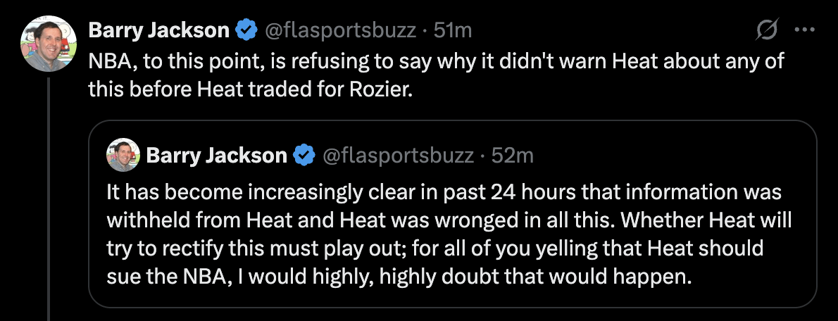 [Barry Jackson] NBA, to this point, is refusing to say why it didn't warn Heat about any of this before Heat traded for Rozier...It has become increasingly clear in past 24 hours that information was withheld from Heat and Heat was wronged in all this.