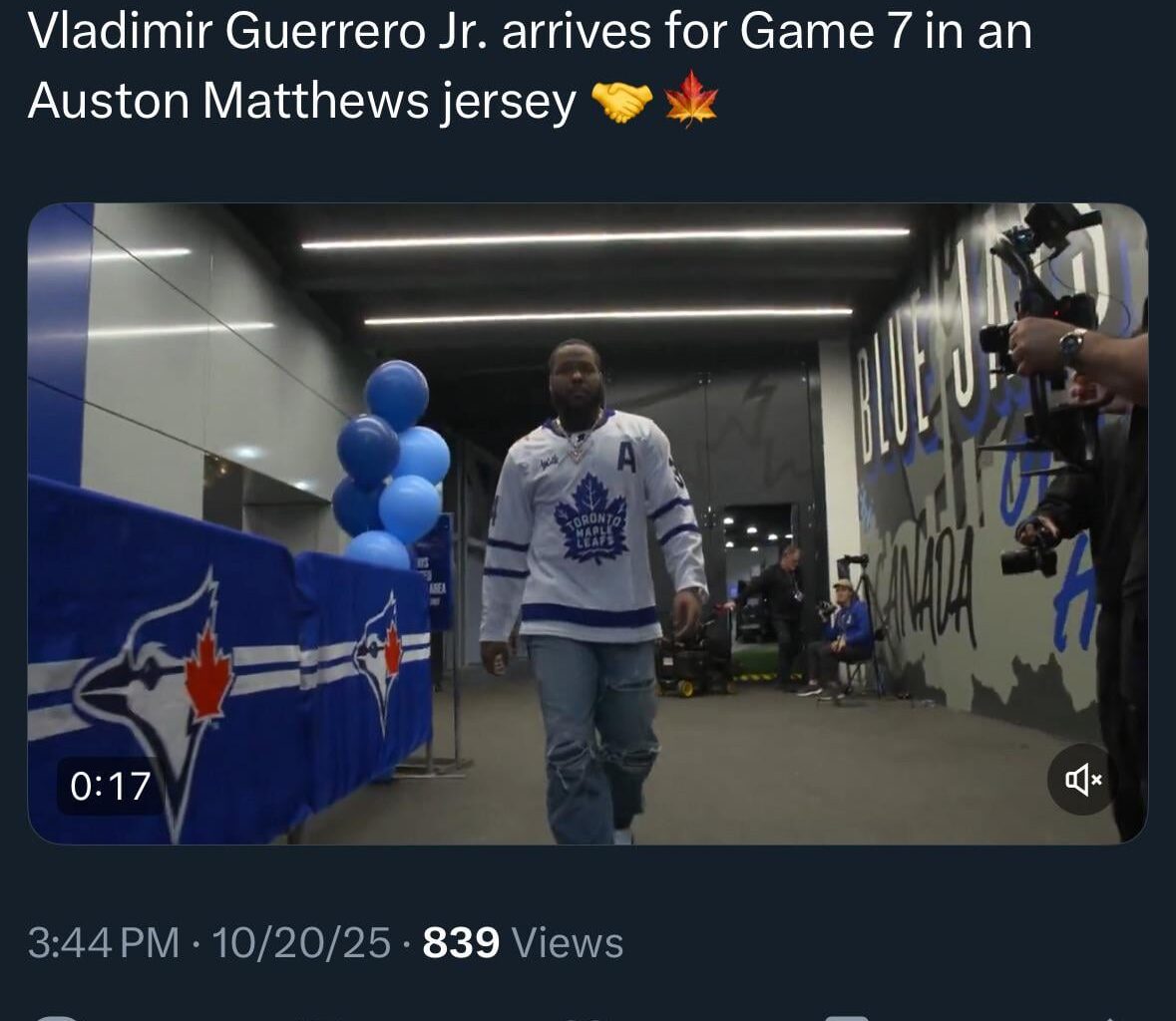 [Sportsnet] Vladimir Guerrero Jr. arrives for Game 7 in an Auston Matthews jersey 🤝🍁