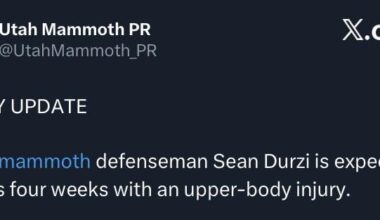 [Mammoth PR] defenseman Sean Durzi is expected to miss four weeks with an upper-body injury.