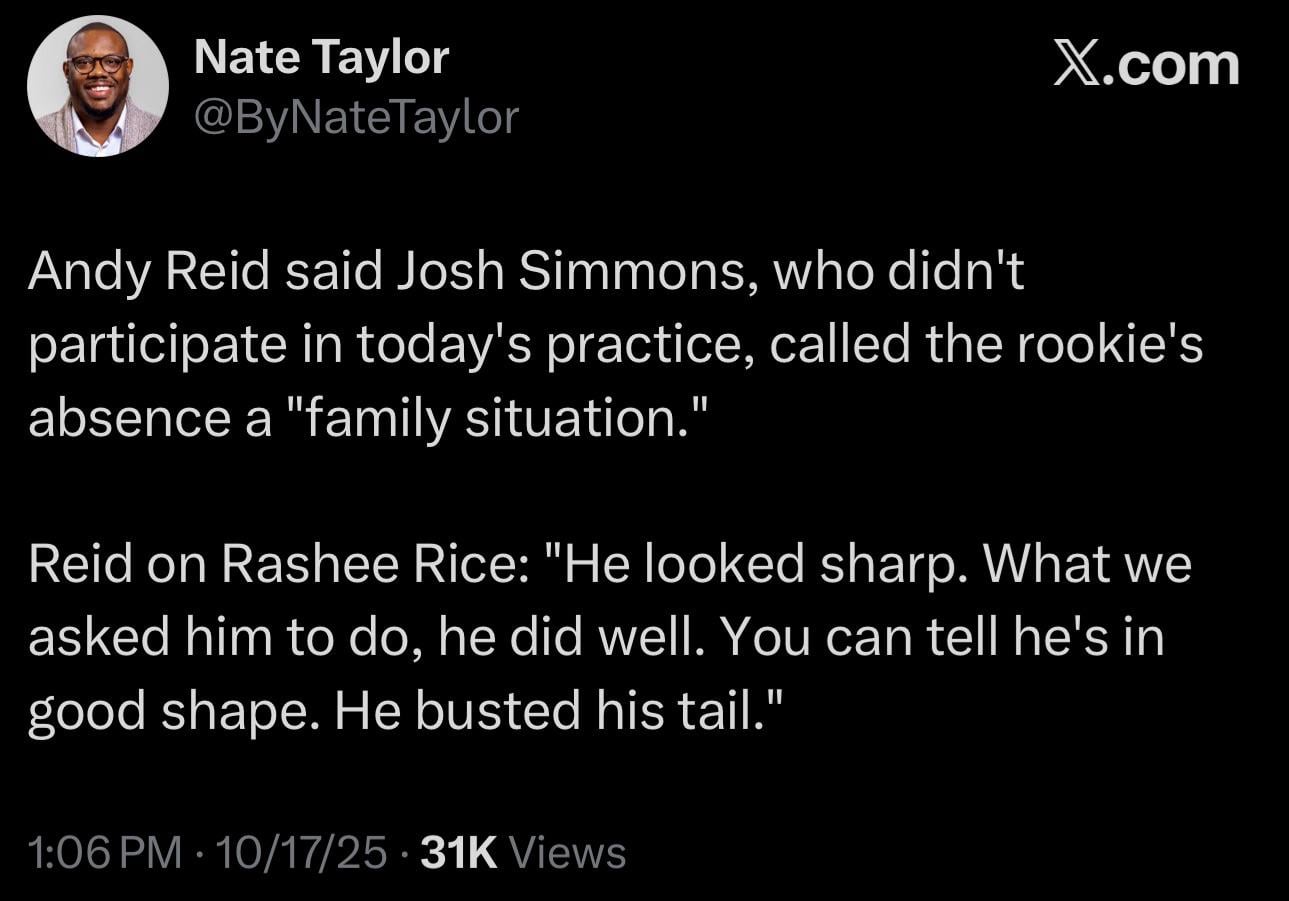 [Nate Taylor] Andy Reid said Josh Simmons, who didn't participate in today's practice, called the rookie's absence a "family situation." Reid on Rashee Rice: "He looked sharp. What we asked him to do, he did well. You can tell he's in good shape. He busted his tail."