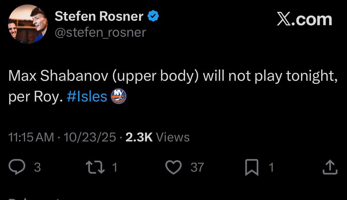 [Rosner] Max Shabanov (upper body) will not play tonight, per Roy