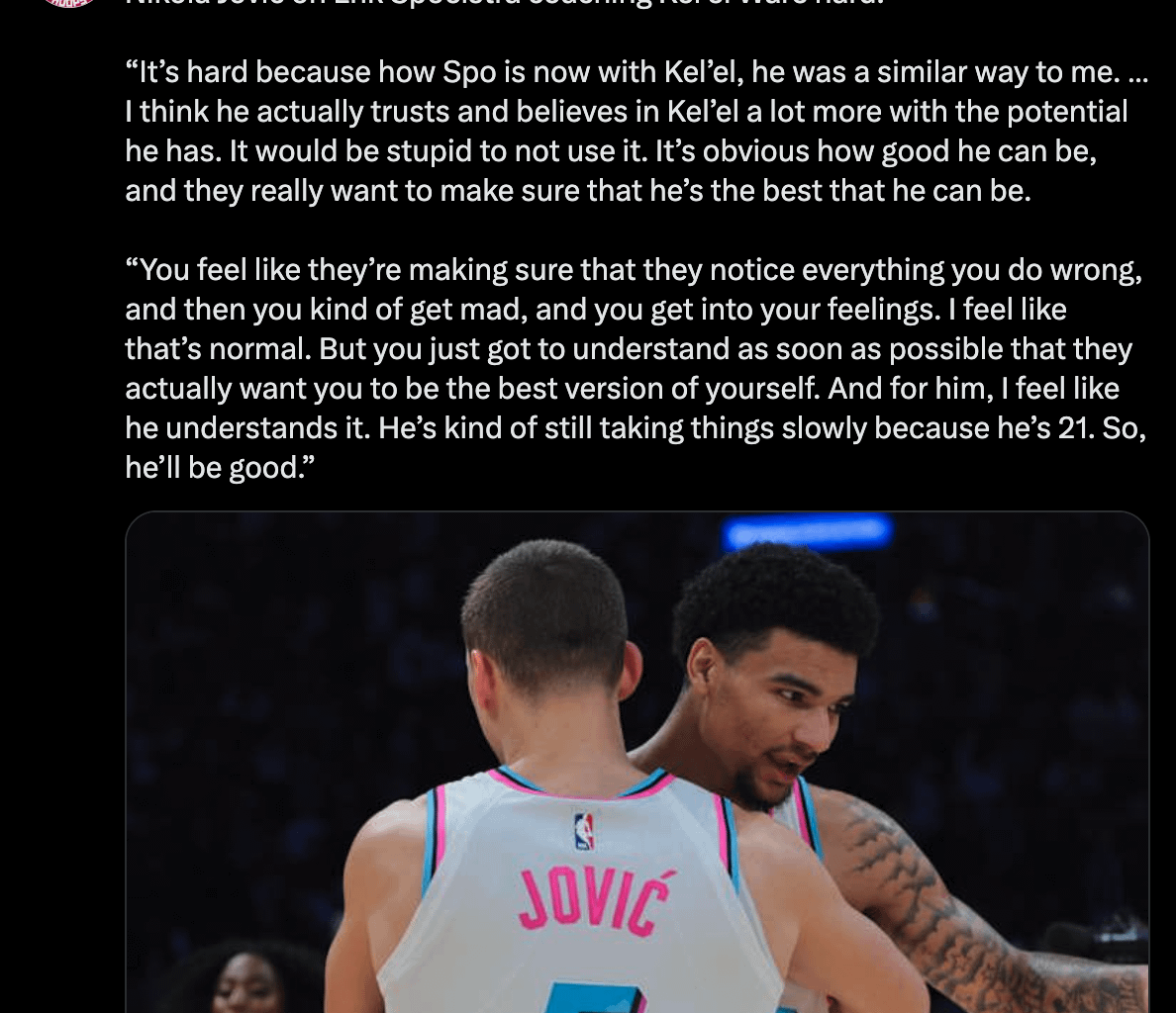 Nikola Jovic on Erik Spoelstra coaching Kel’el Ware hard.