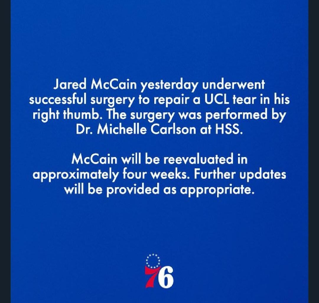 McCain will be re-evaluated in 4 weeks after successful surgery to repair a UCL tear in his right thumb