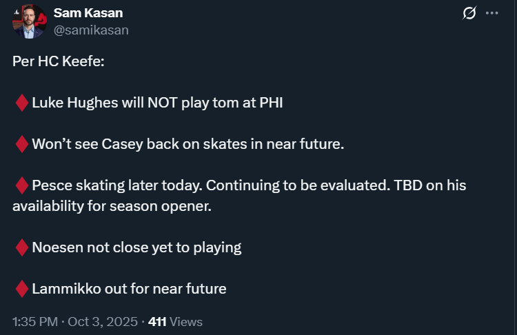 Injury Updates for Pesce, Casey, Noesen, Lammikko + LHughes NOT Playing Tomorrow