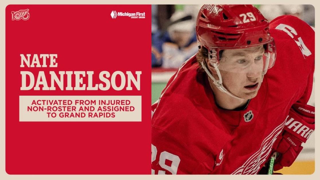 UPDATE: The #RedWings have activated Nate Danielson from injured non-roster and assigned him to the AHL’s Grand Rapids Griffins.