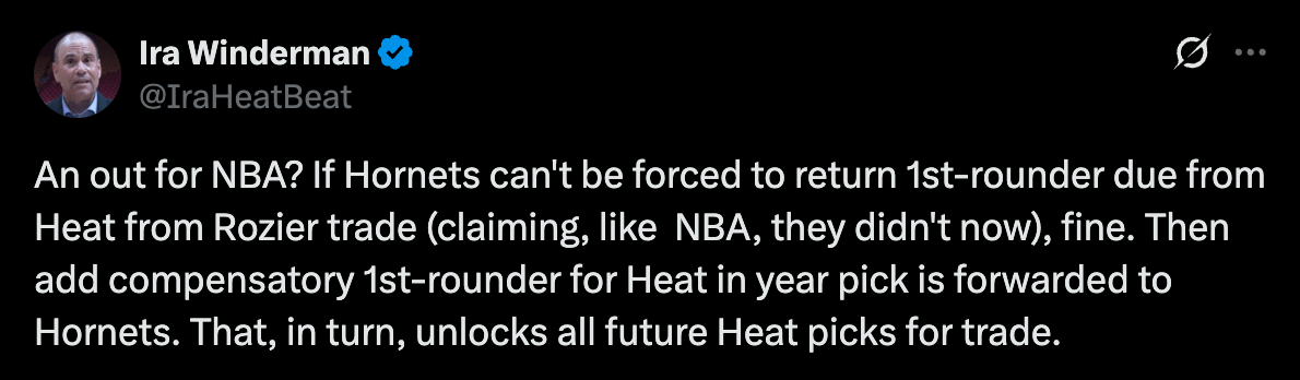 [Ira Winderman] An out for NBA? If Hornets can't be forced to return 1st-rounder due from Heat from Rozier trade (claiming, like  NBA, they didn't now), fine. Then add compensatory 1st-rounder for Heat in year pick is forwarded to Hornets. That, in turn, unlocks all future Heat picks for trade.