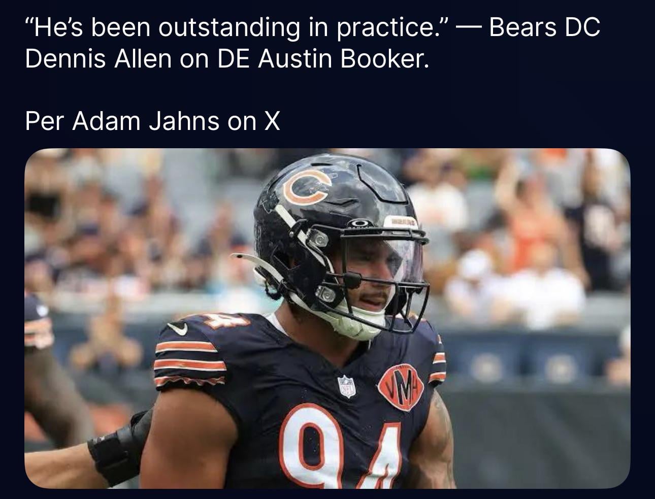 “He’s been outstanding in practice.” - Bears DC Dennis Allen on DE Austin Booker. Per Adam Jahns on X (The Athletic Chicago)