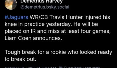 Pain: Travis Hunter to IR. Out for at least the next 4 games.