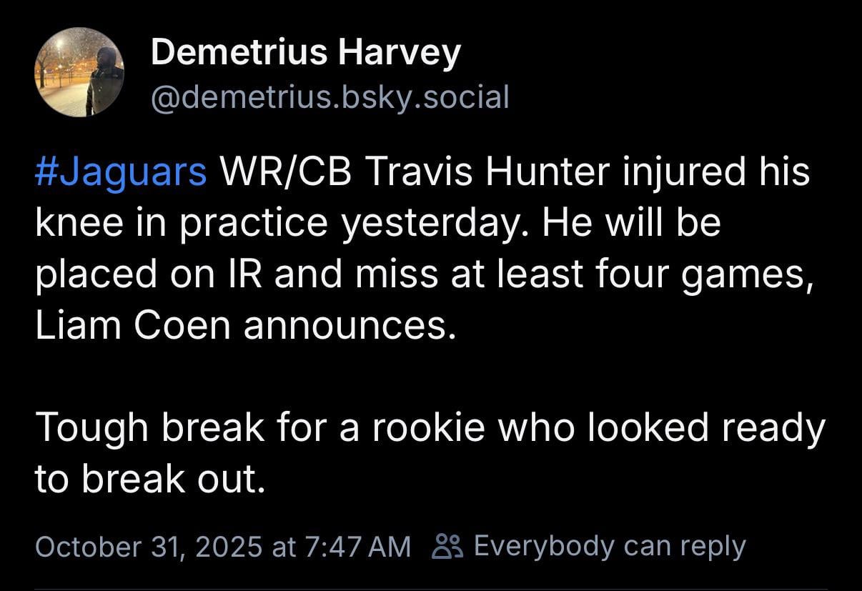 Pain: Travis Hunter to IR. Out for at least the next 4 games.