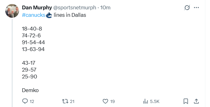 [DAN MURPHY] Canucks lines in Dallas