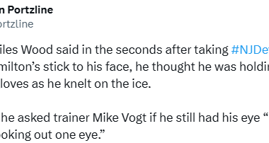 [Portzline] Miles Wood said in the seconds after taking Dougie Hamilton’s stick to his face, he thought he was holding his left eye in his gloves as he knelt on the ice. Wood said he asked trainer Mike Vogt if he still had his eye “because I was only looking out one eye.”