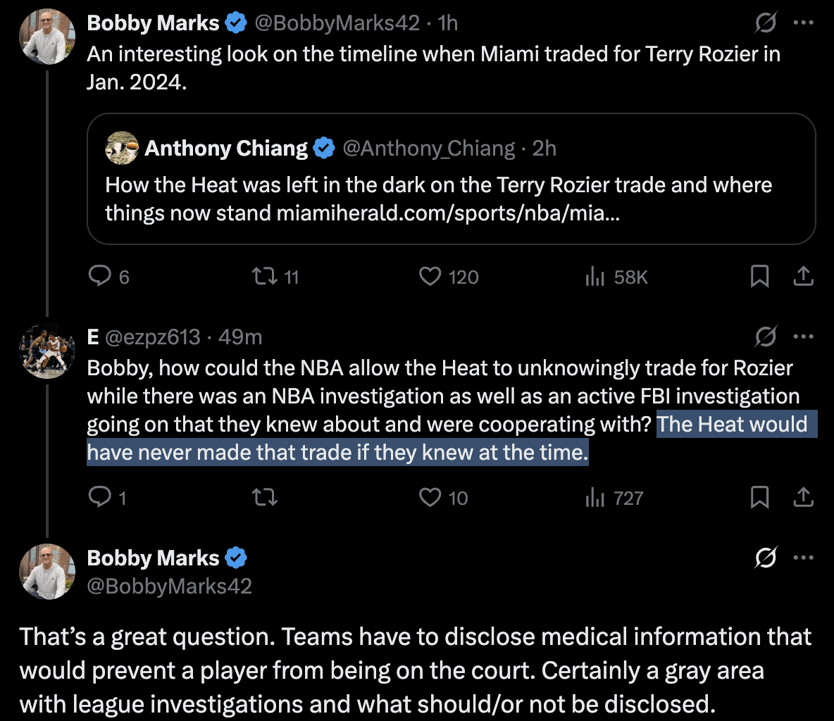 [Barry Jackson] Bobby's answer to question posed below is what this comes down to. Withholding information from Heat was simply the wrong thing to do. Hornets are taking the fifth, refusing to say if they knew (they haven't clarified to Heat, either, as of Friday)