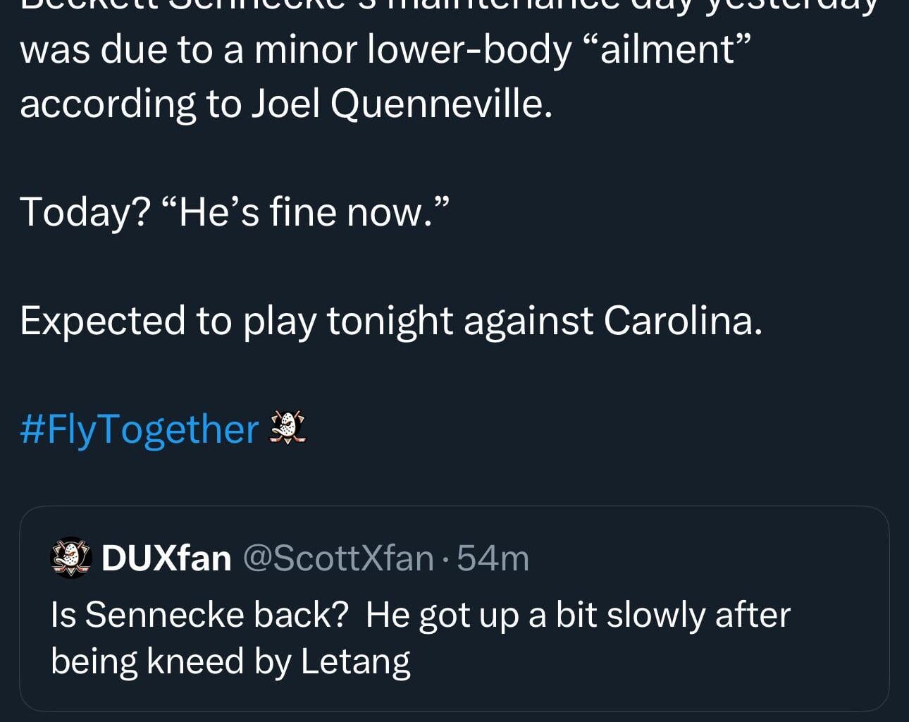 [Cavanagh] Beckett Sennecke’s maintenance day yesterday was due to a minor lower-body “ailment” according to Joel Quenneville. Today? “He’s fine now.” Expected to play tonight against Carolina.