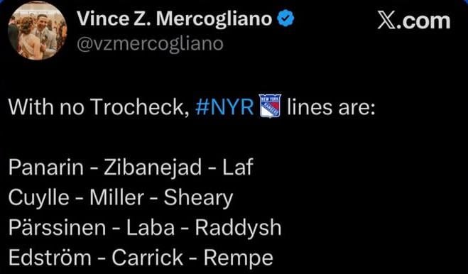 Lines for tonight without Trocheck