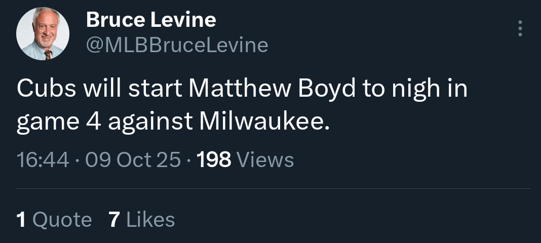 [Levine] Cubs will start Matthew Boyd tonight in Game 4 against Milwaukee