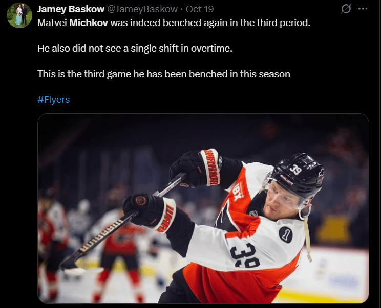 [Jamey Baskow] Matvei Michkov was indeed benched again in the third period. He also did not see a single shift in overtime. This is the third game he has been benched in this season.