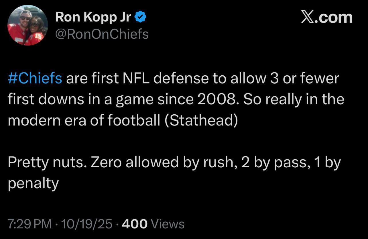 [Ron Kopp Jr] #Chiefs are first NFL defense to allow 3 or fewer first downs in a game since 2008. So really in the modern era of football (Stathead). Pretty nuts. Zero allowed by rush, 2 by pass, 1 by penalty