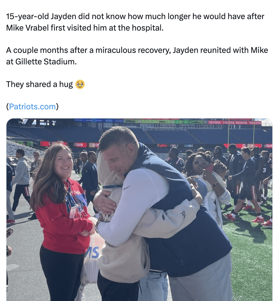 15-year-old Jayden did not know how much longer he would have after Mike Vrabel first visited him at the hospital.

A couple months after a miraculous recovery, Jayden reunited with Mike at Gillette Stadium.