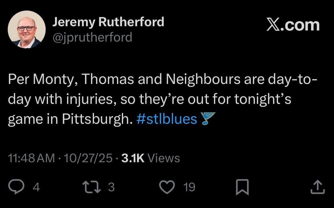 [Rutheford] Per Monty, Thomas and Neighbours are day-to-day with injuries, so they’re out for tonight’s game in Pittsburgh. Toropchenko and Texier are in tonight. “We’re going to check our asses off. Excuse my language.”