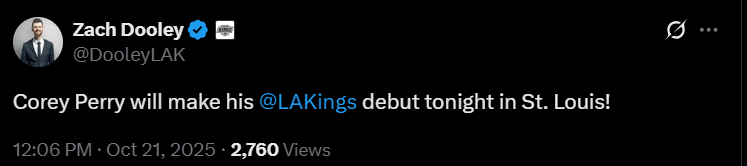 Corey Perry will make his LA Kings debut tonight in St. Louis