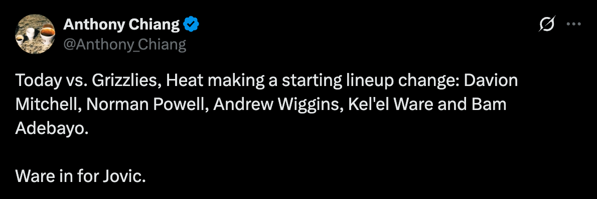 Starters today vs Grizzles: Davion Mitchell, Norman Powell, Andrew Wiggins, Kel'el Ware and Bam Adebayo.