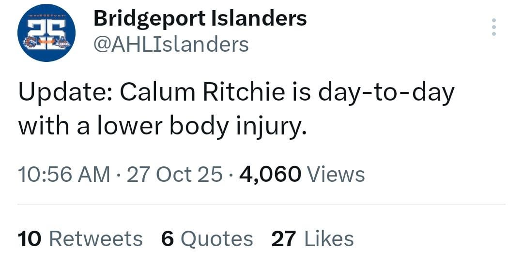 Bridgeport: Calum Ritchie is day-to-day with a lower body injury