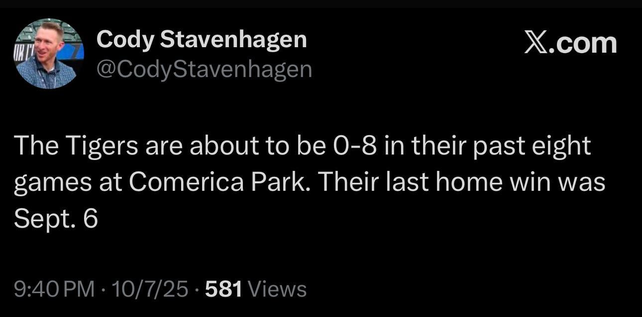 The Tigers are about to be 0-8 in their past eight games at Comerica Park. Their last home win was Sept. 6