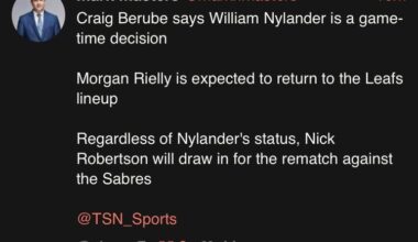 [Masters] Craig Berube says William Nylander is a game-time decision. Morgan Rielly is expected to return to the Leafs lineup. Regardless of Nylander's status, Nick Robertson will draw in for the rematch against the Sabres