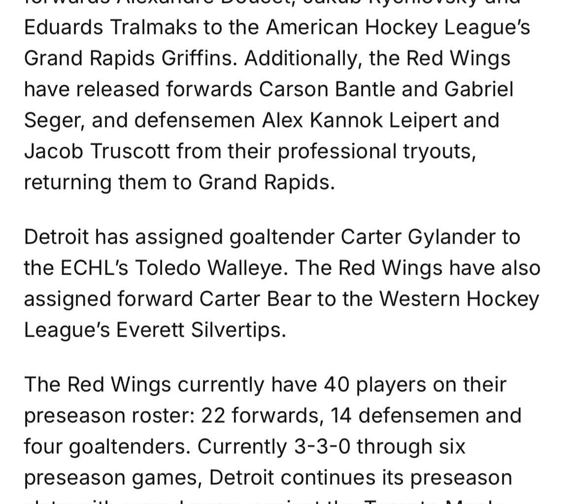[Detroit Red Wings] The roster has been cut down to 40 players
