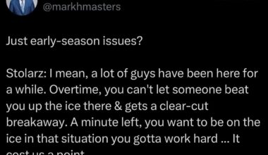 [Masters] Stolarz: I mean, a lot of guys have been here for a while. Overtime, you can't let someone beat you up the ice there & gets a clear-cut breakaway. A minute left, you want to be on the ice in that situation you gotta work hard ... It cost us a point